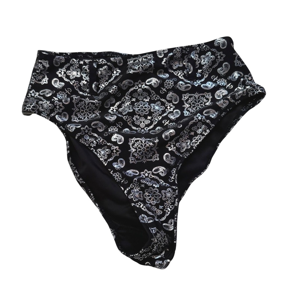 Forplay Womens Metallic Silver Paisley High Waisted Bikini Bottoms Black‎ S/M